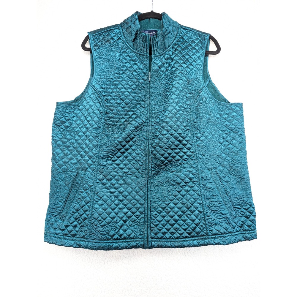 Susan Graver Style Teal Quilted Paisley Fleece Lined Vest XL Mock Neck Zip Up